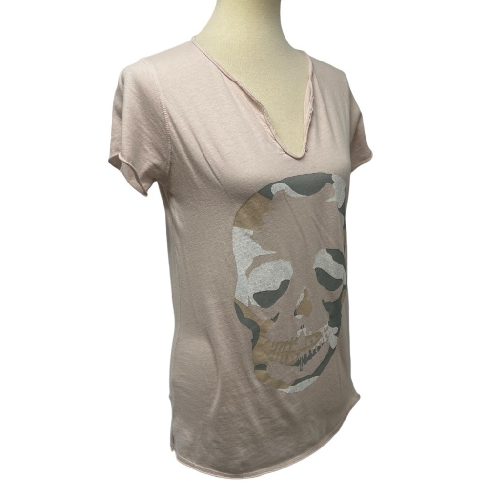 Zadig & Voltaire Pale Pink Skull Graphic Split Neck Short Sleeve T Shirt Women M - Picture 5 of 11